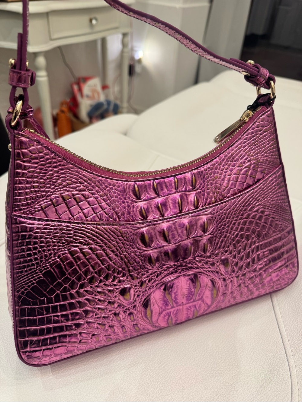 NWT BRAHMIN  Metallic Croc-Embossed Shoulder Bag in Magenta - Picture 2 of 5